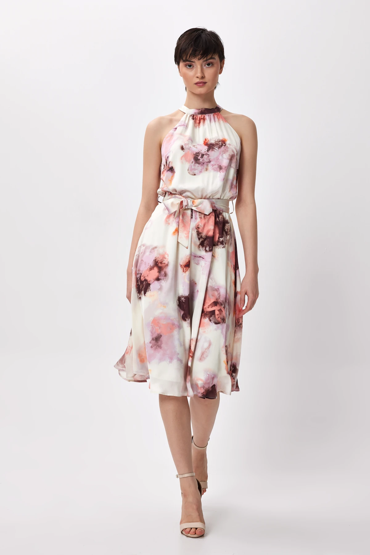 Zarif Desenli Halter Yaka Midi Elbise - pudra