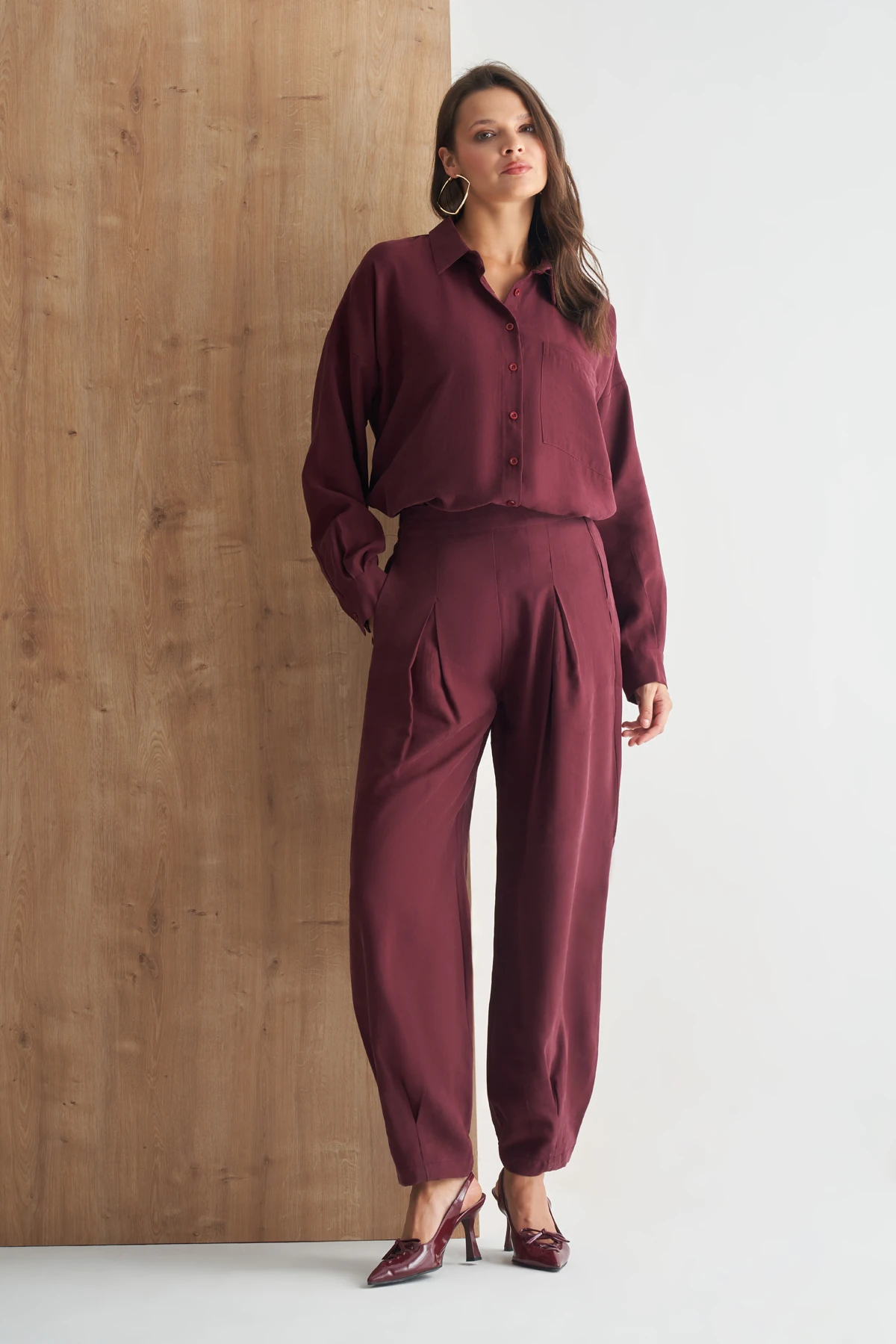 Pile Detaylı Yüksek Bel Rahat Kesim Kadın Pantolon - bordo