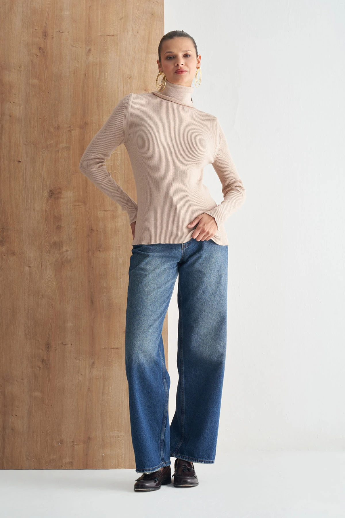 Tam Balıkçı Yaka Fitilli Triko Kazak - BEJ