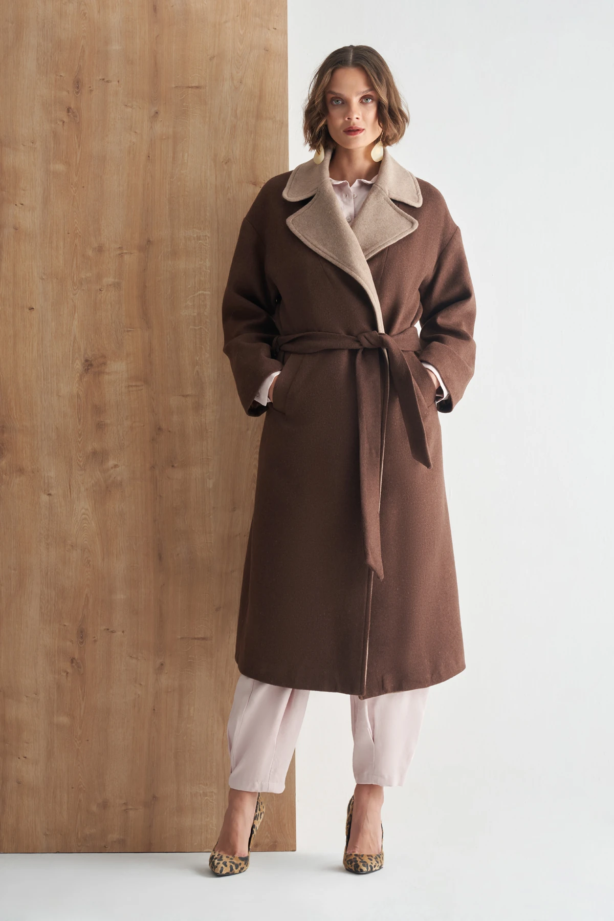 Kontrast Renkli Kaşe Kaban - Acı Kahve