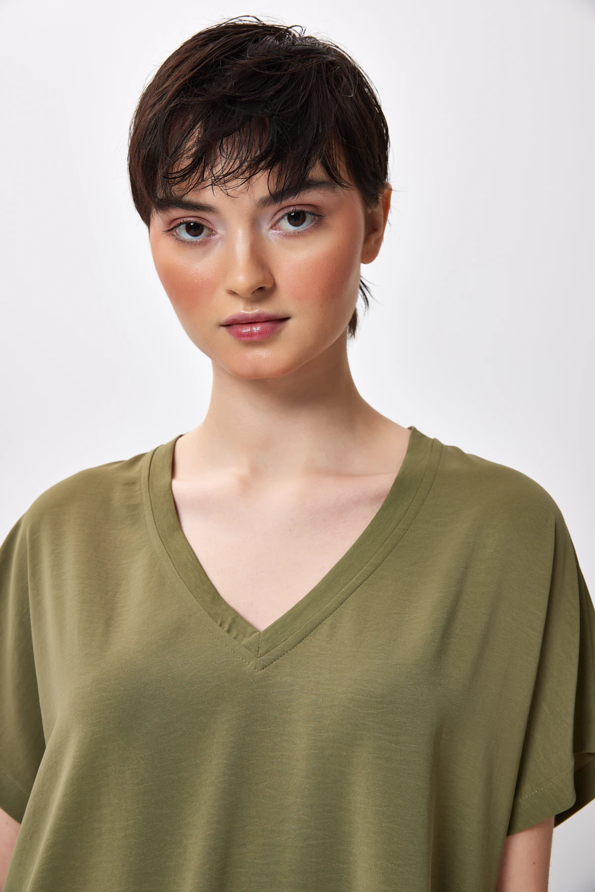 V Yaka Dökümlü Bluz - haki