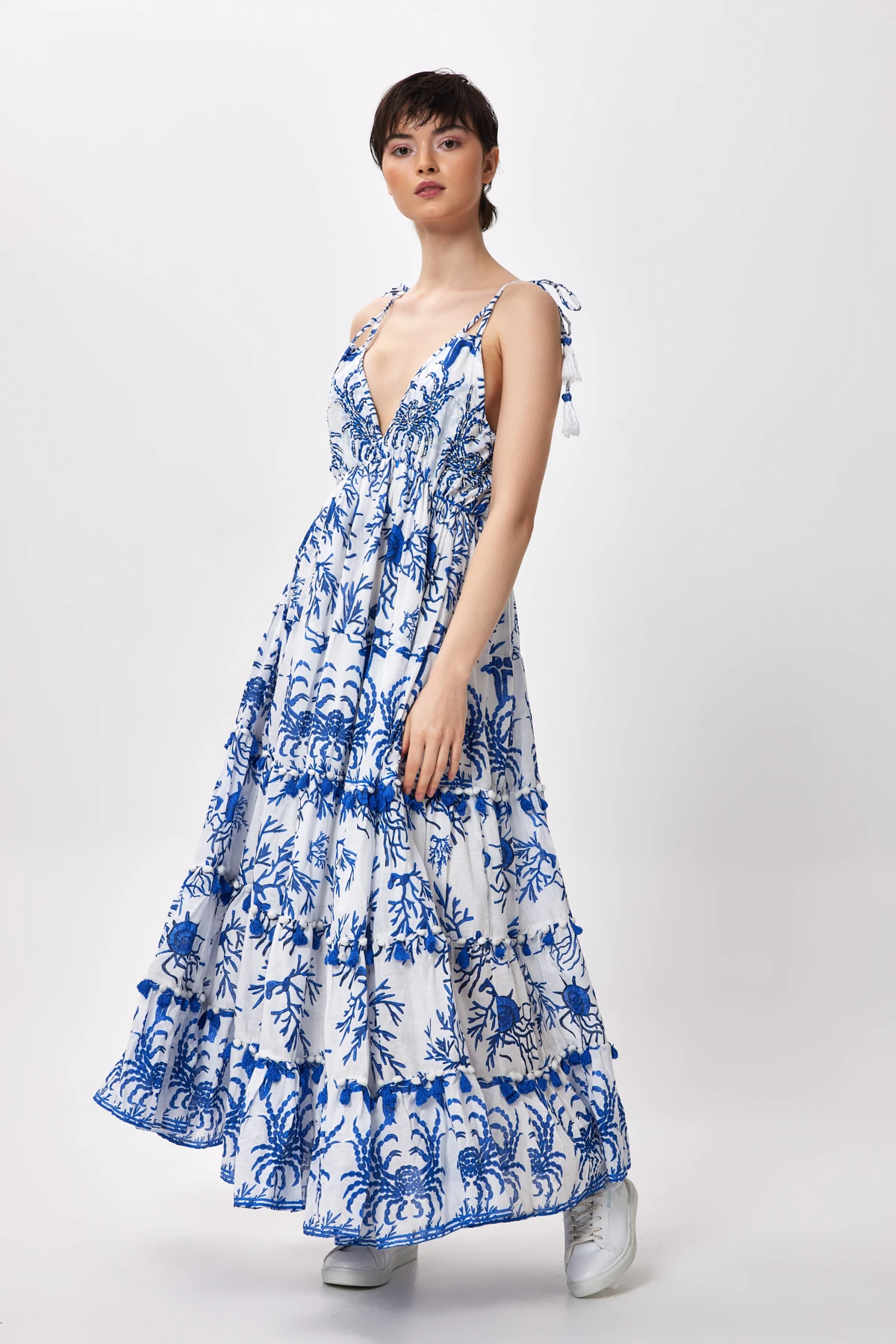 İp Askılı Desenli Kat Kat Maxi Elbise - mavi