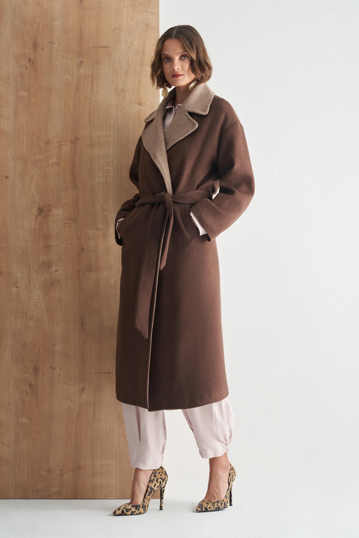 Kontrast Renkli Kaşe Kaban - Acı Kahve