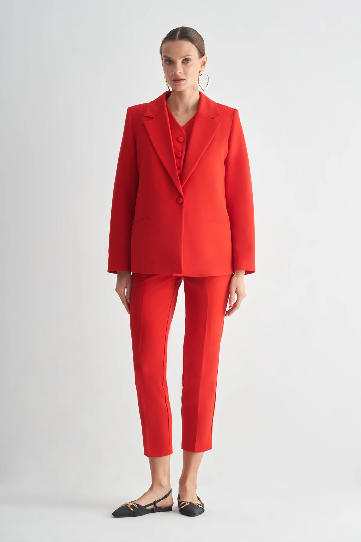 Oversize Blazer Ceket ve Yelekli Takım - Kırmızı