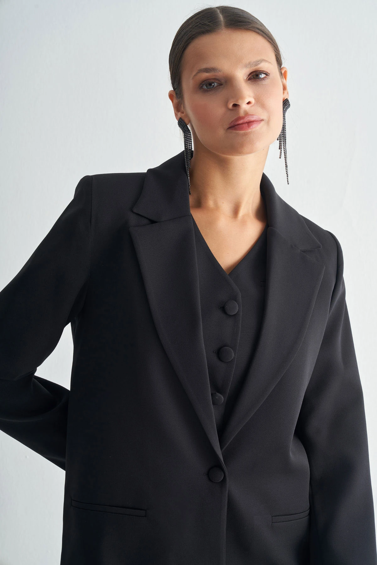 Oversize Blazer Ceket ve Yelekli Takım - Siyah