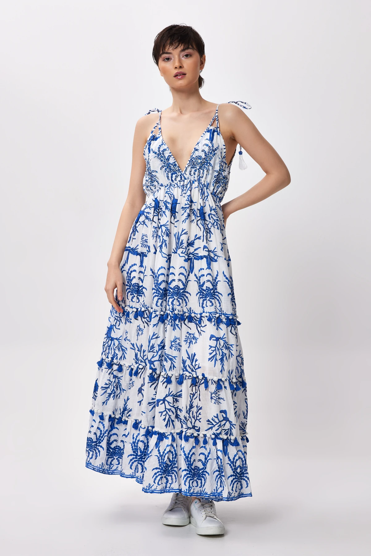 İp Askılı Desenli Kat Kat Maxi Elbise - mavi