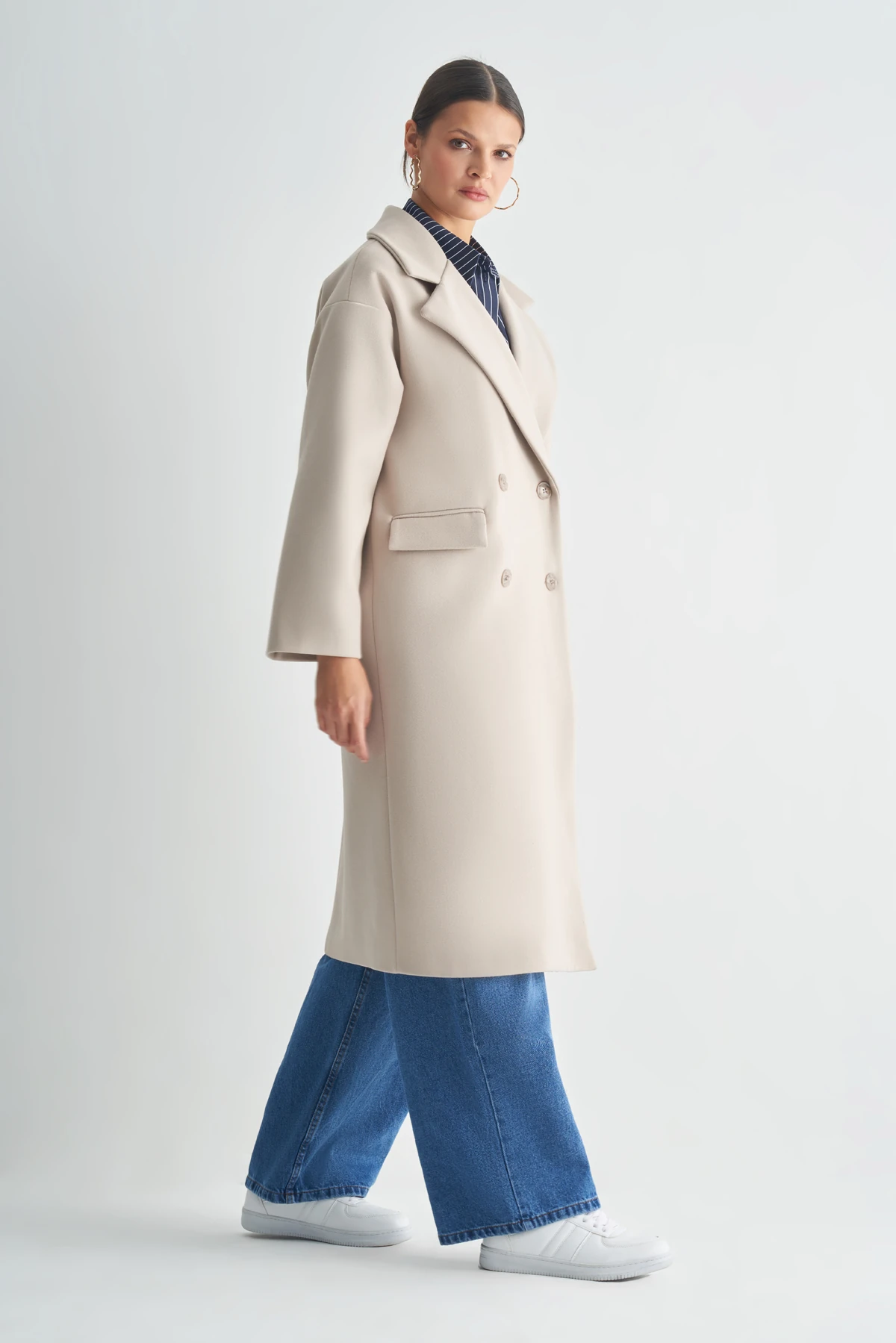 Uzun Premium Kaşe Kaban - BEJ