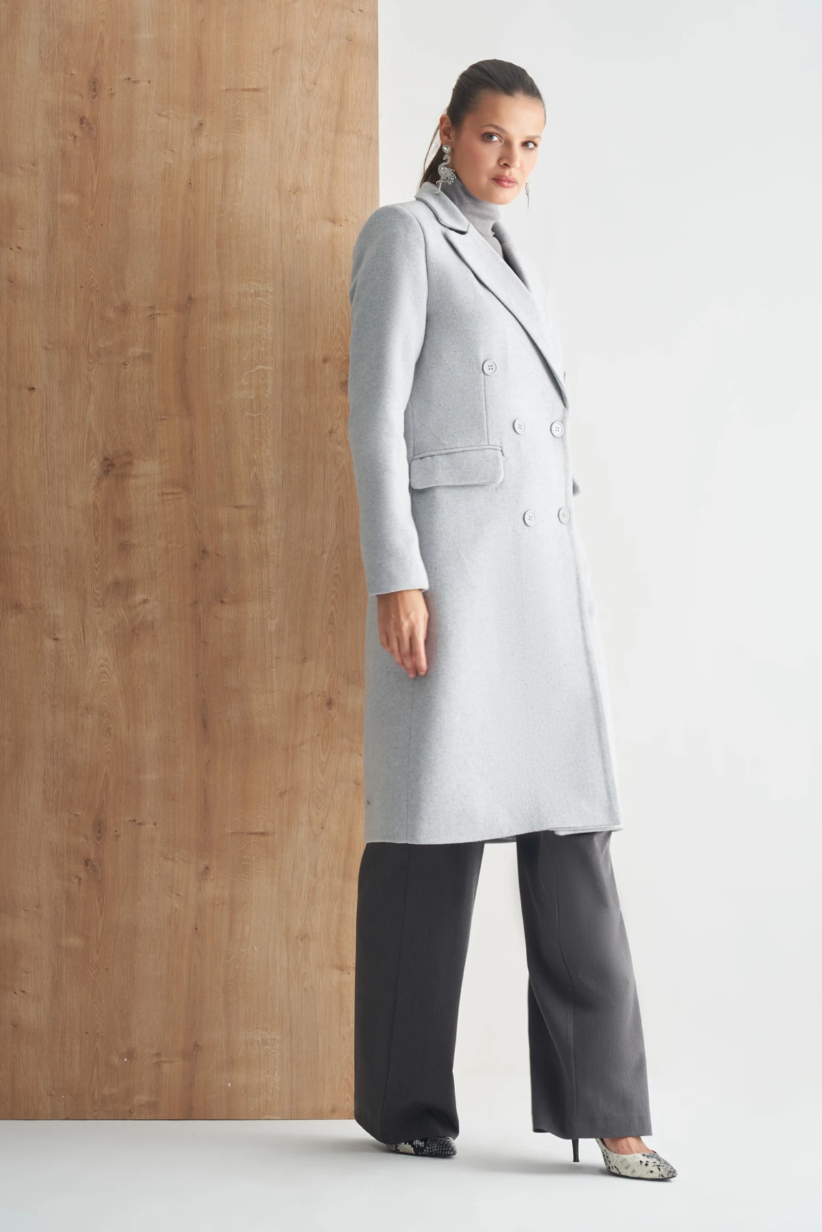 Çift Düğmeli Uzun Klasik Kaban - gri