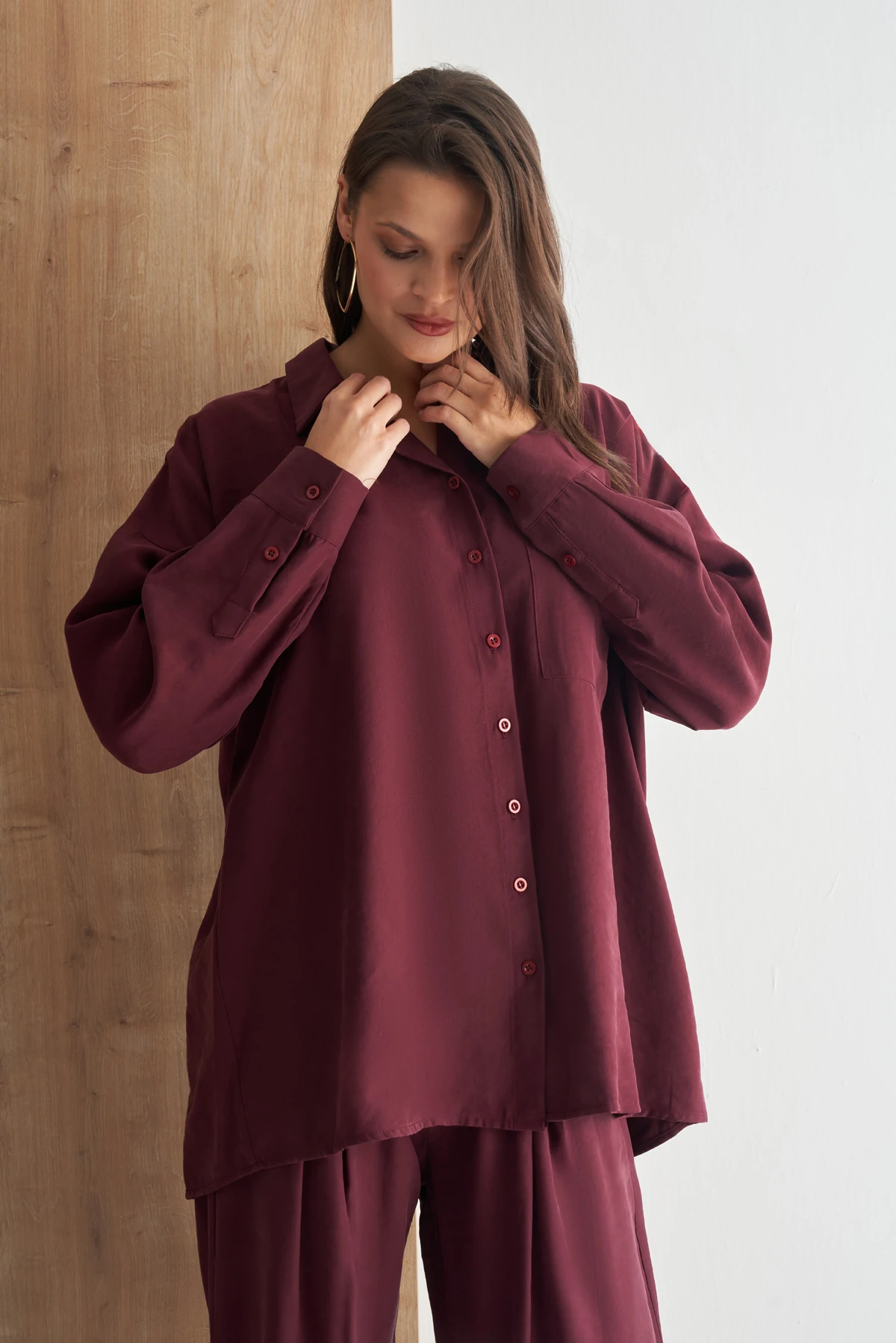 Oversize Kesim Modal Yumuşak Dokulu Kadın Gömlek - bordo