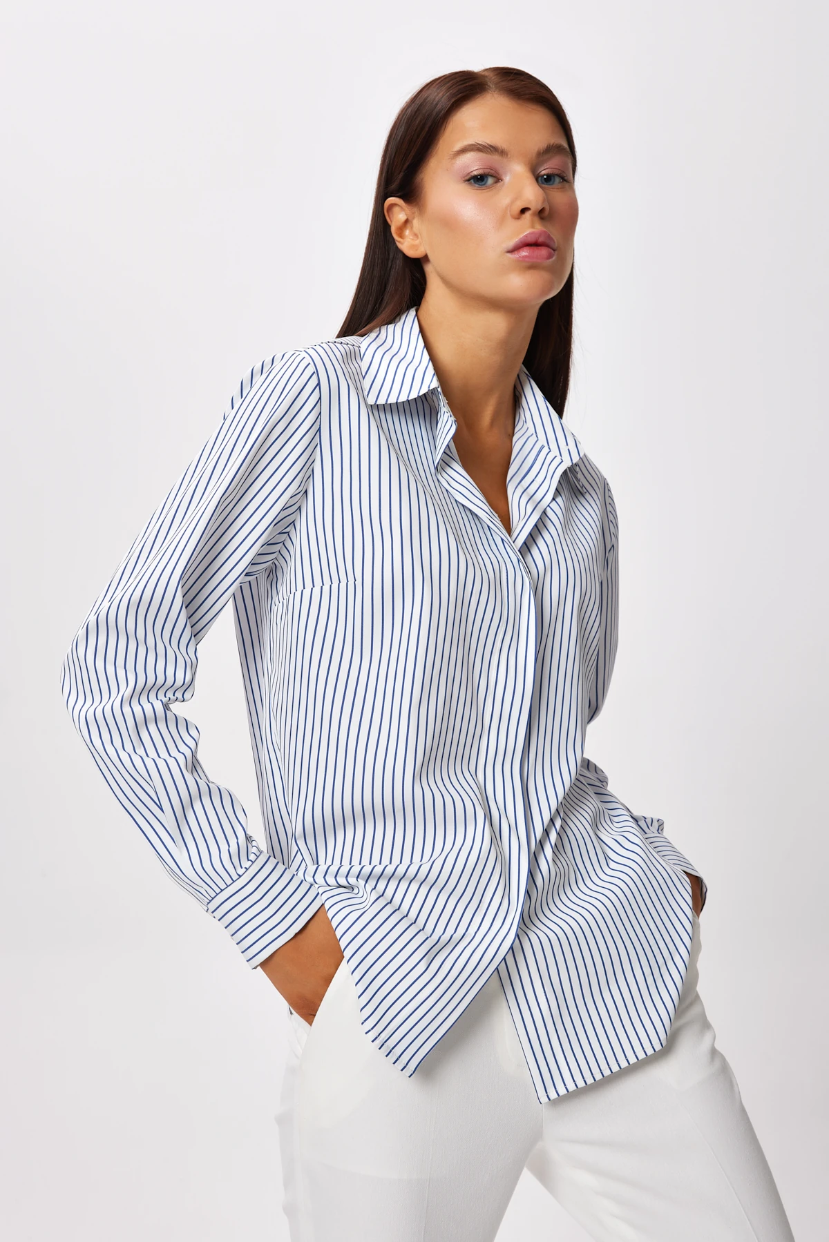 Çizgili Klasik Yaka Gömlek - İndigo