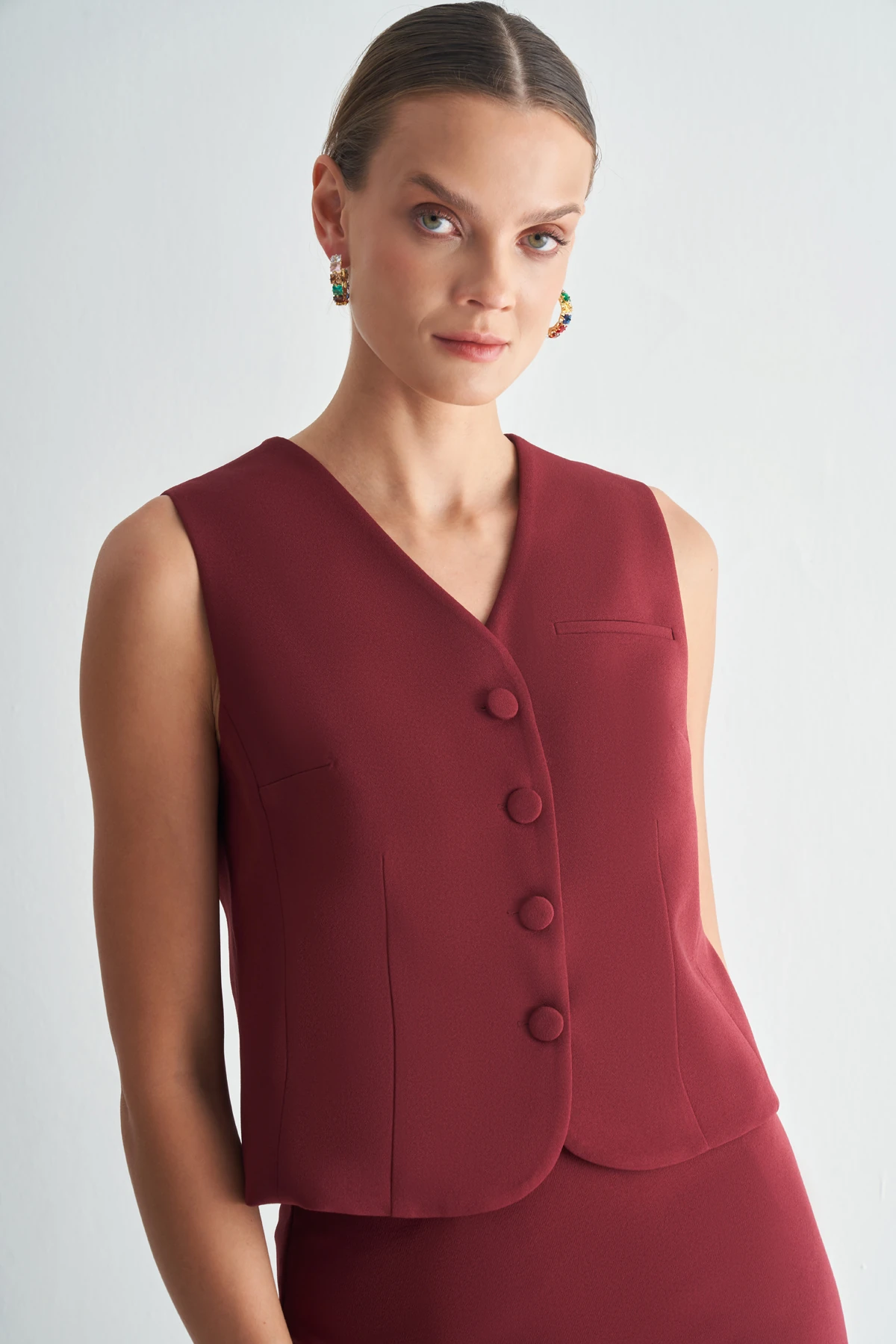 Düğmeli Klasik Yelek – Şık Takım Yeleği - bordo