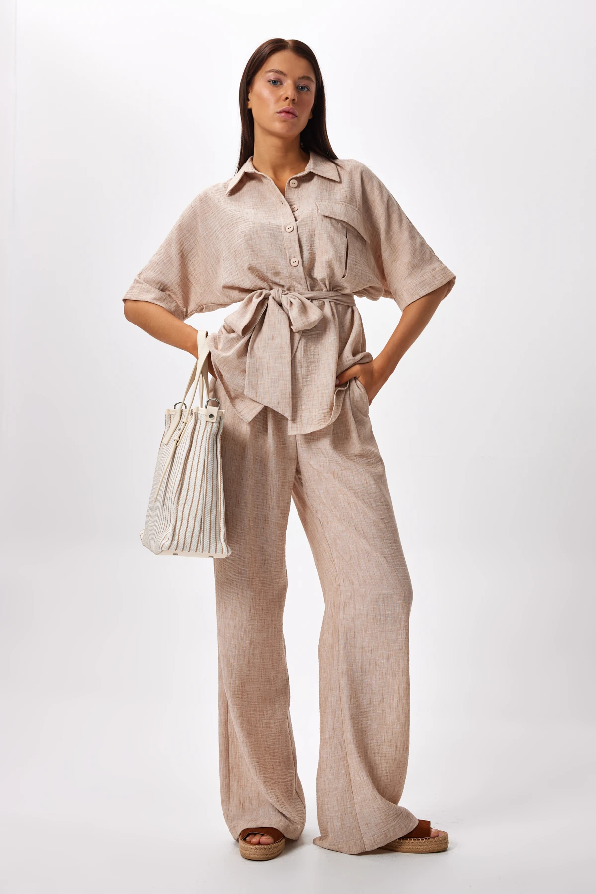 Geniş Paça Yüksek Bel Pantolon - BEJ