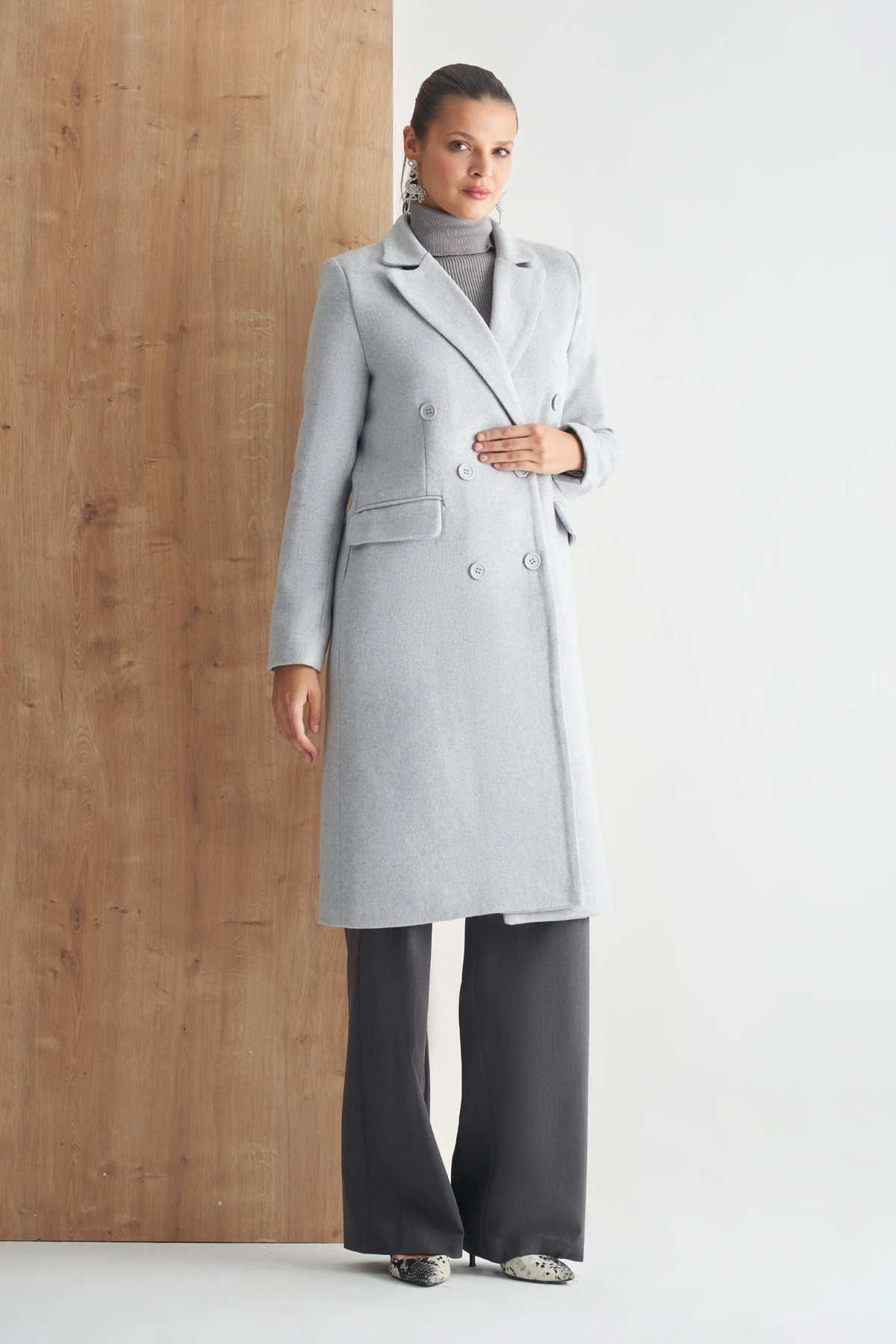 Çift Düğmeli Uzun Klasik Kaban - gri