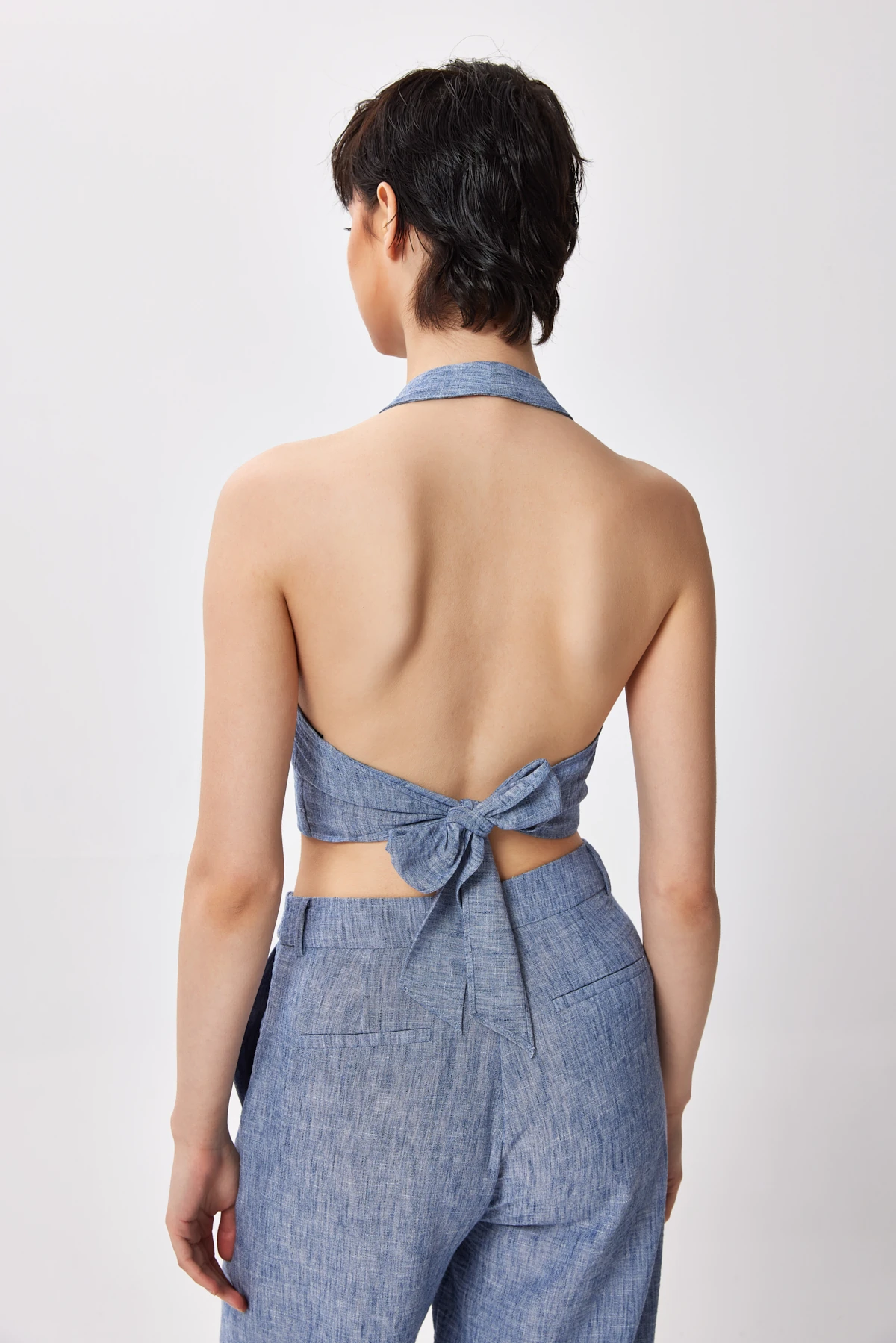 Düğme Detaylı Halter Yaka Crop Bluz - mavi