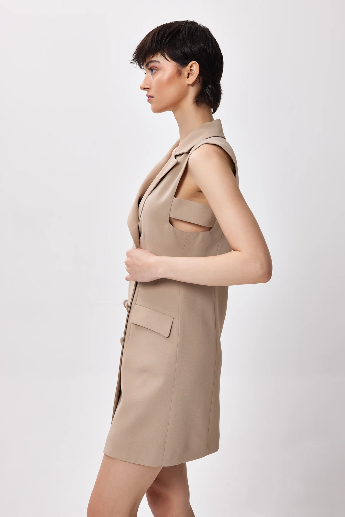 Sıfır Kol Önü Düğmeli Elbise - VİZON