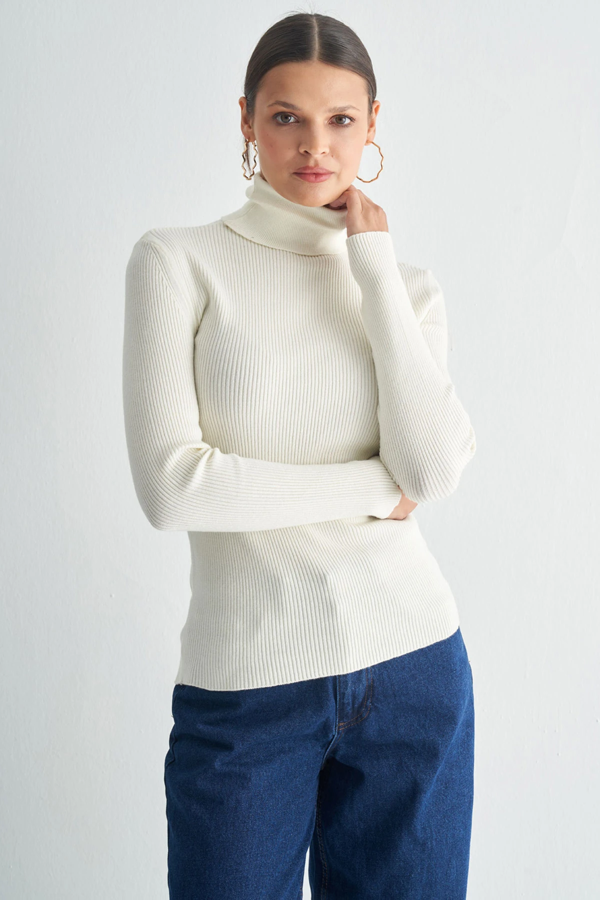 Tam Balıkçı Yaka Fitilli Triko Kazak - ekru