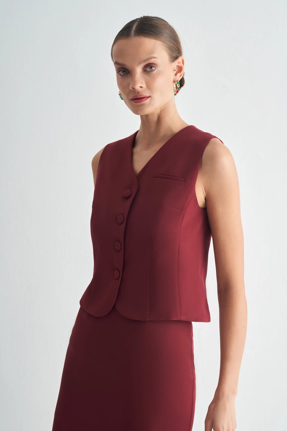 Düğmeli Klasik Yelek – Şık Takım Yeleği - bordo