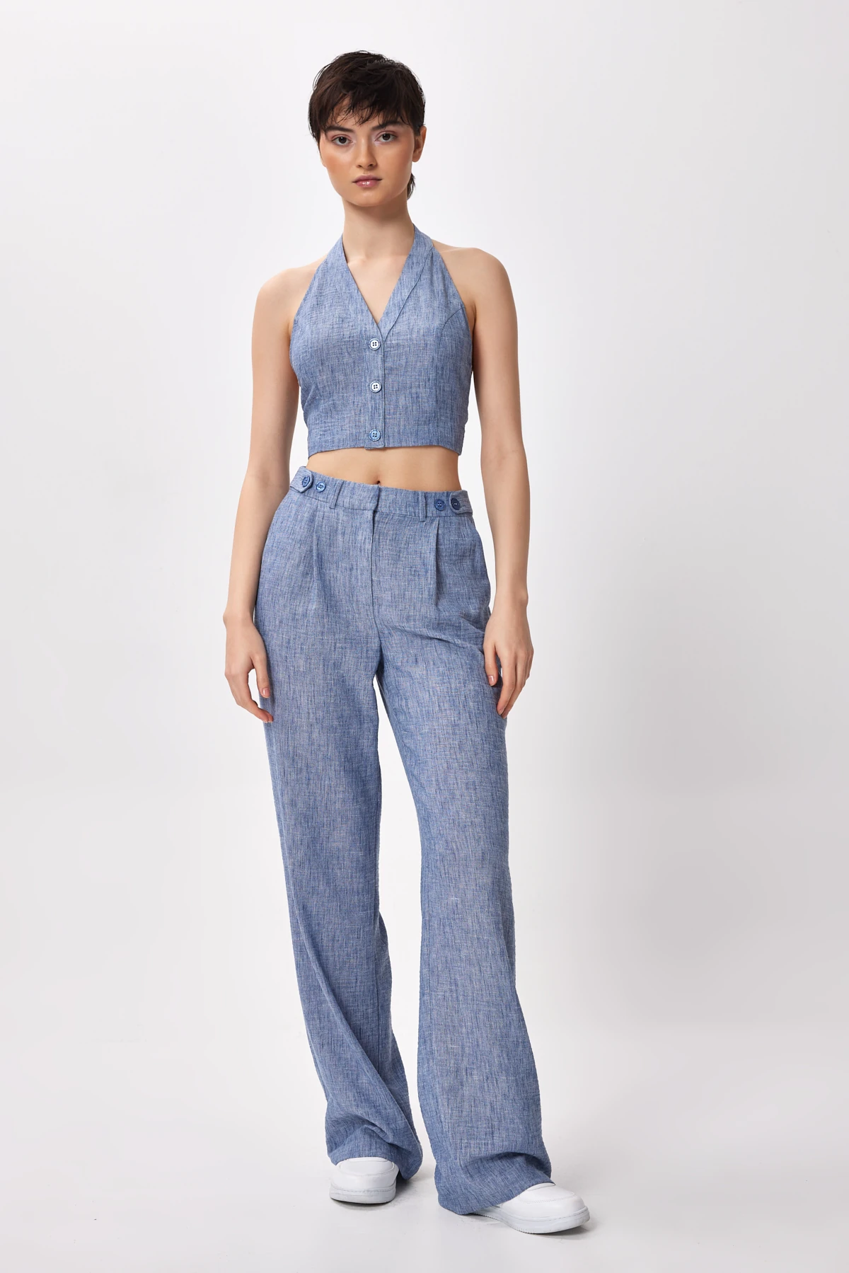 Düğme Detaylı Halter Yaka Crop Bluz - mavi