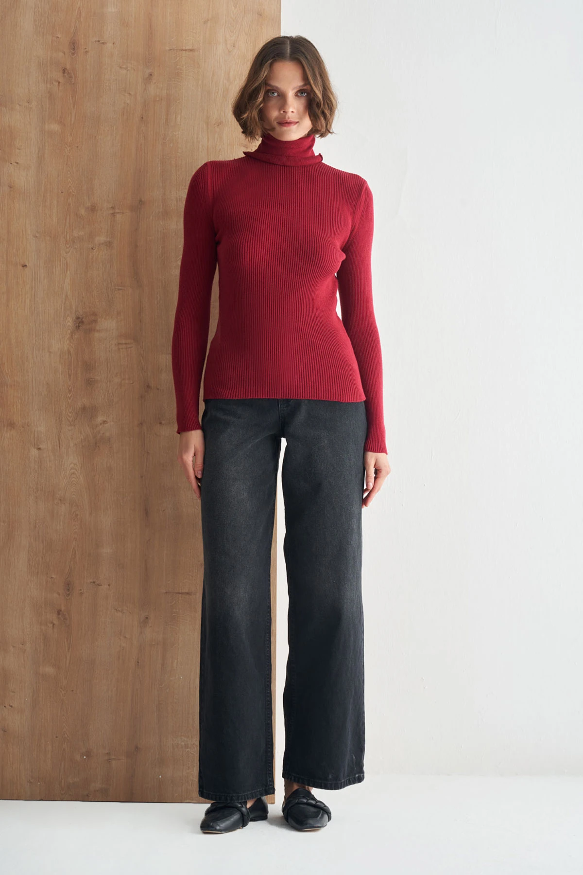 Tam Balıkçı Yaka Fitilli Triko Kazak - bordo