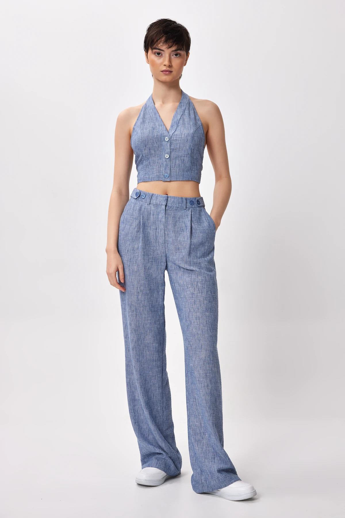 Düğme Detaylı Halter Yaka Crop Bluz - mavi