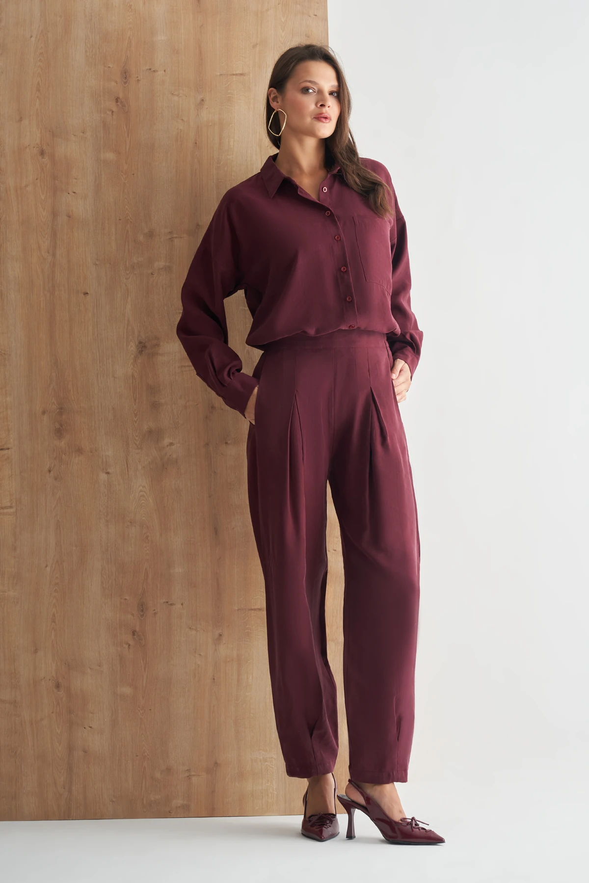 Pile Detaylı Yüksek Bel Rahat Kesim Kadın Pantolon - bordo