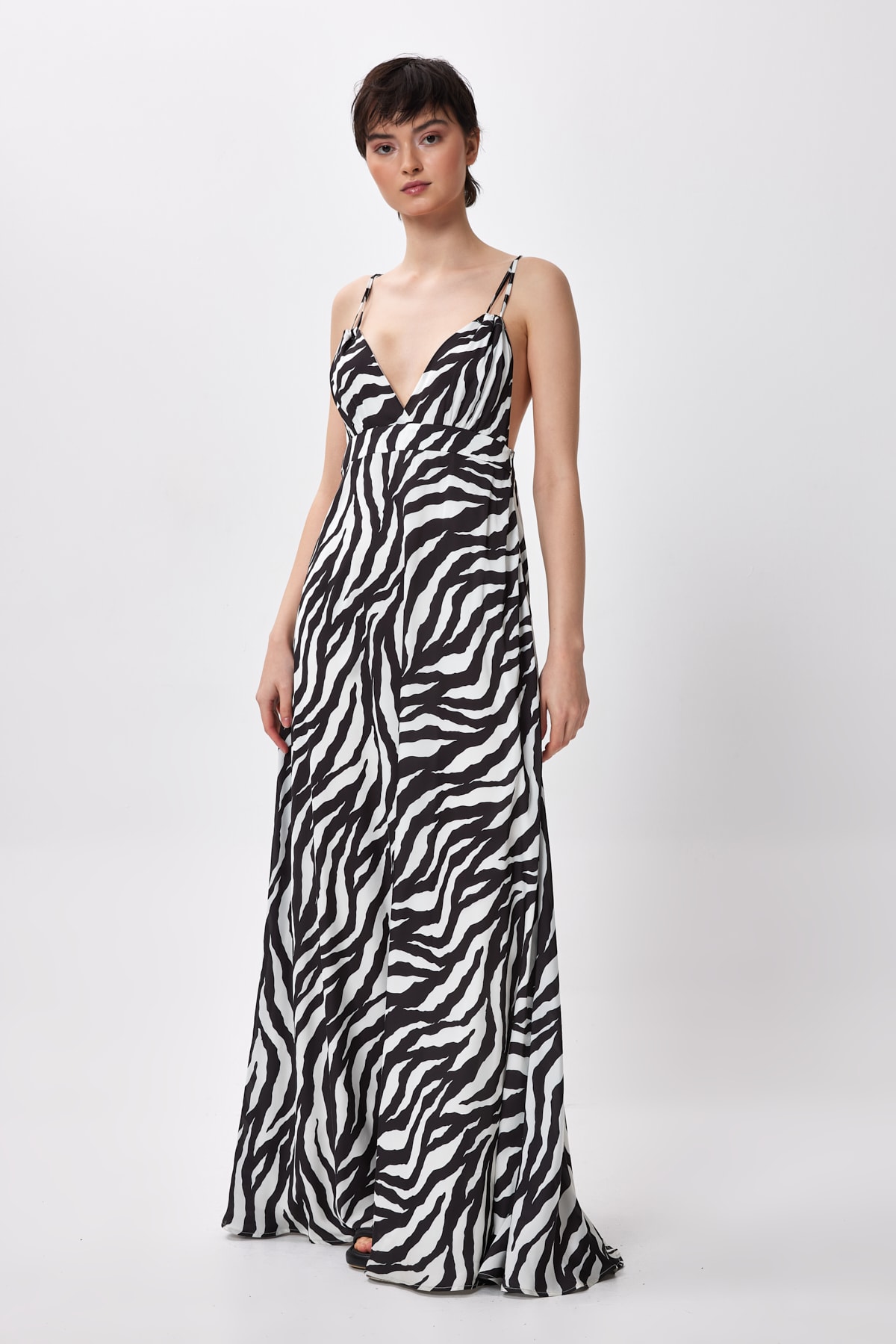 Zebra Desenli Askılı Uzun Elbise - Siyah