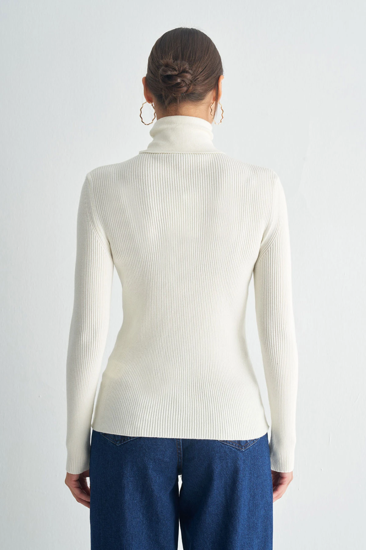 Tam Balıkçı Yaka Fitilli Triko Kazak - ekru