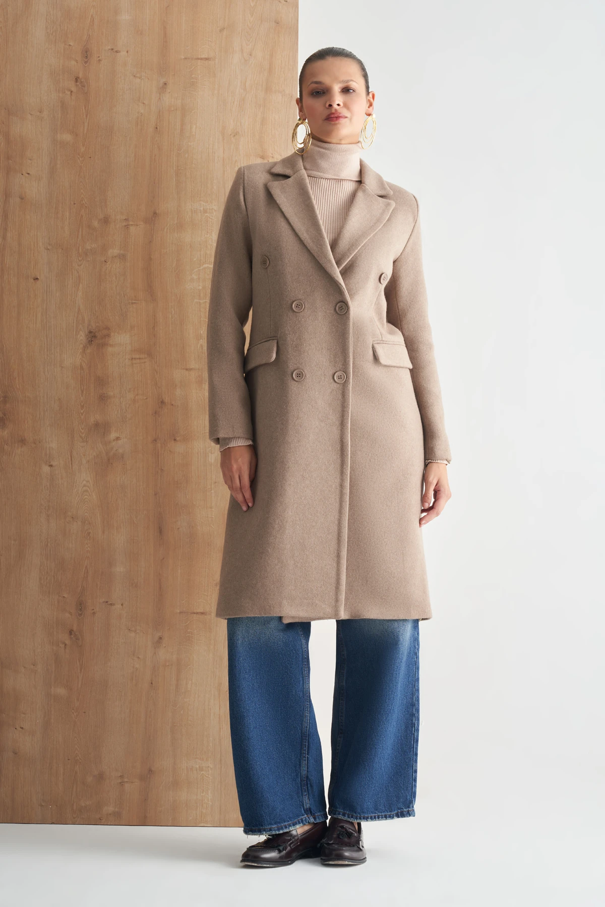 Çift Düğmeli Uzun Klasik Kaban - VİZON