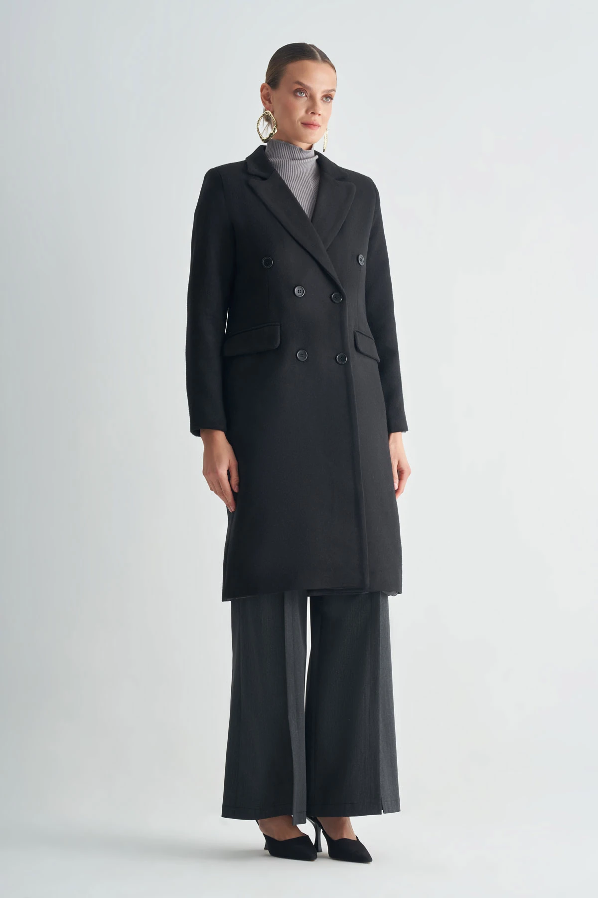 Çift Düğmeli Uzun Klasik Kaban - Siyah