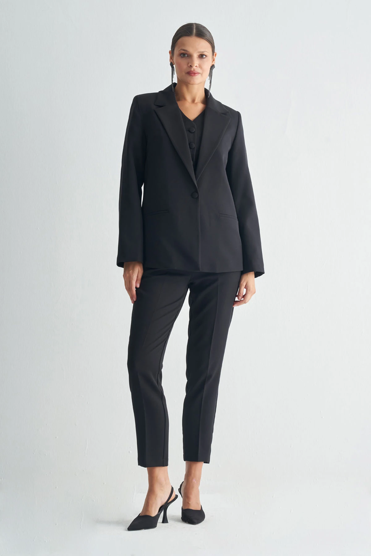 Oversize Blazer Ceket ve Yelekli Takım - Siyah