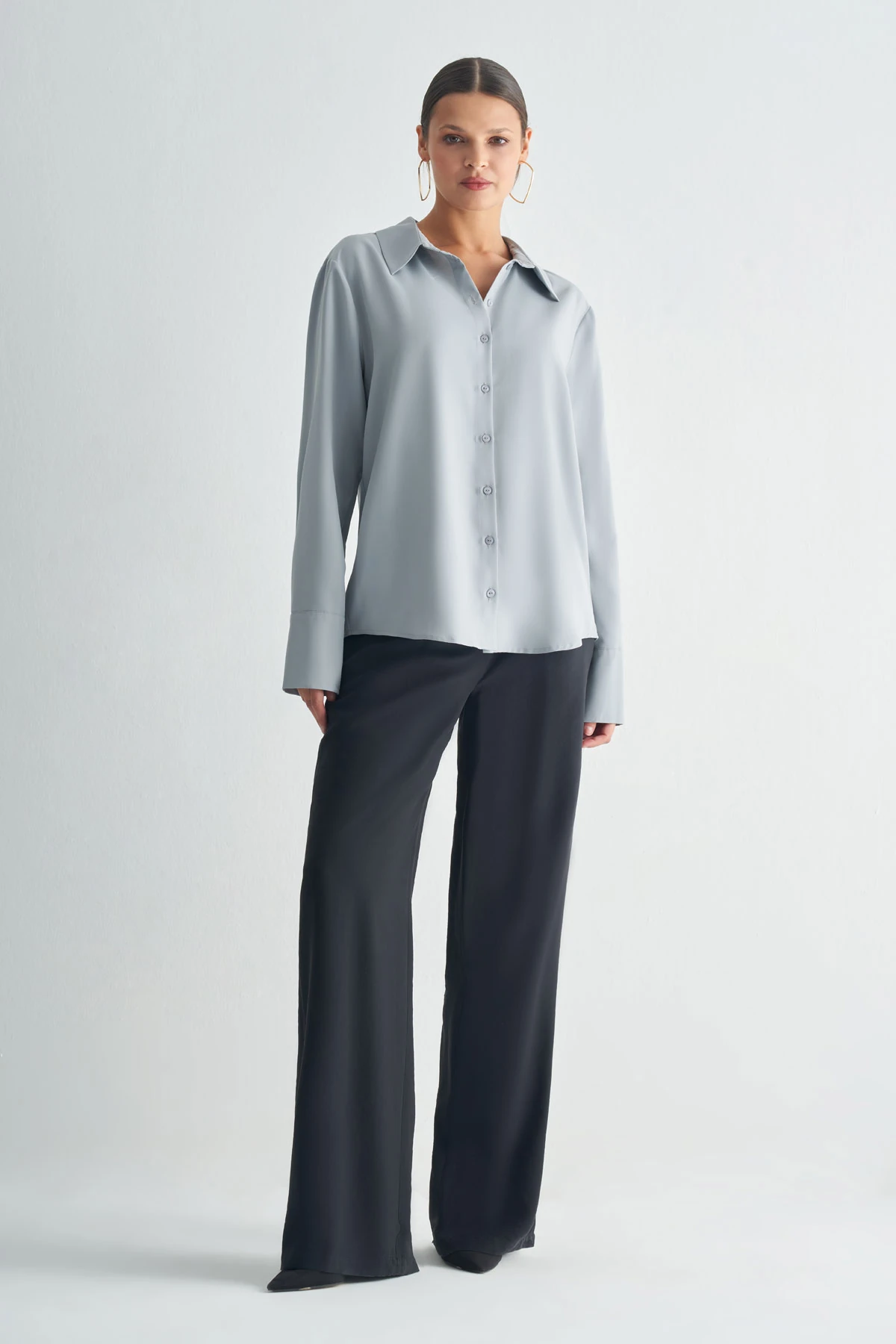 Klasik Yakalı Uzun Kollu Düz Gömlek - gri