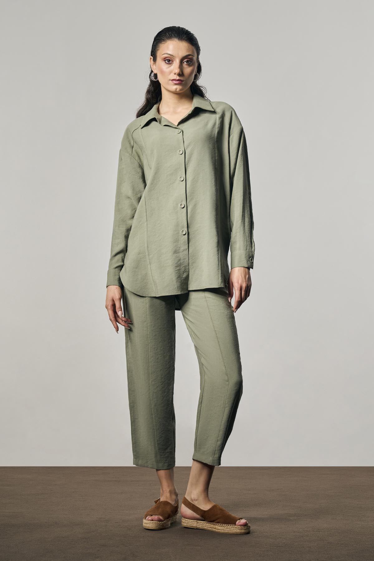 BTK10115 Düğme Detaylı Bol Paça Pantolon - Açık Haki