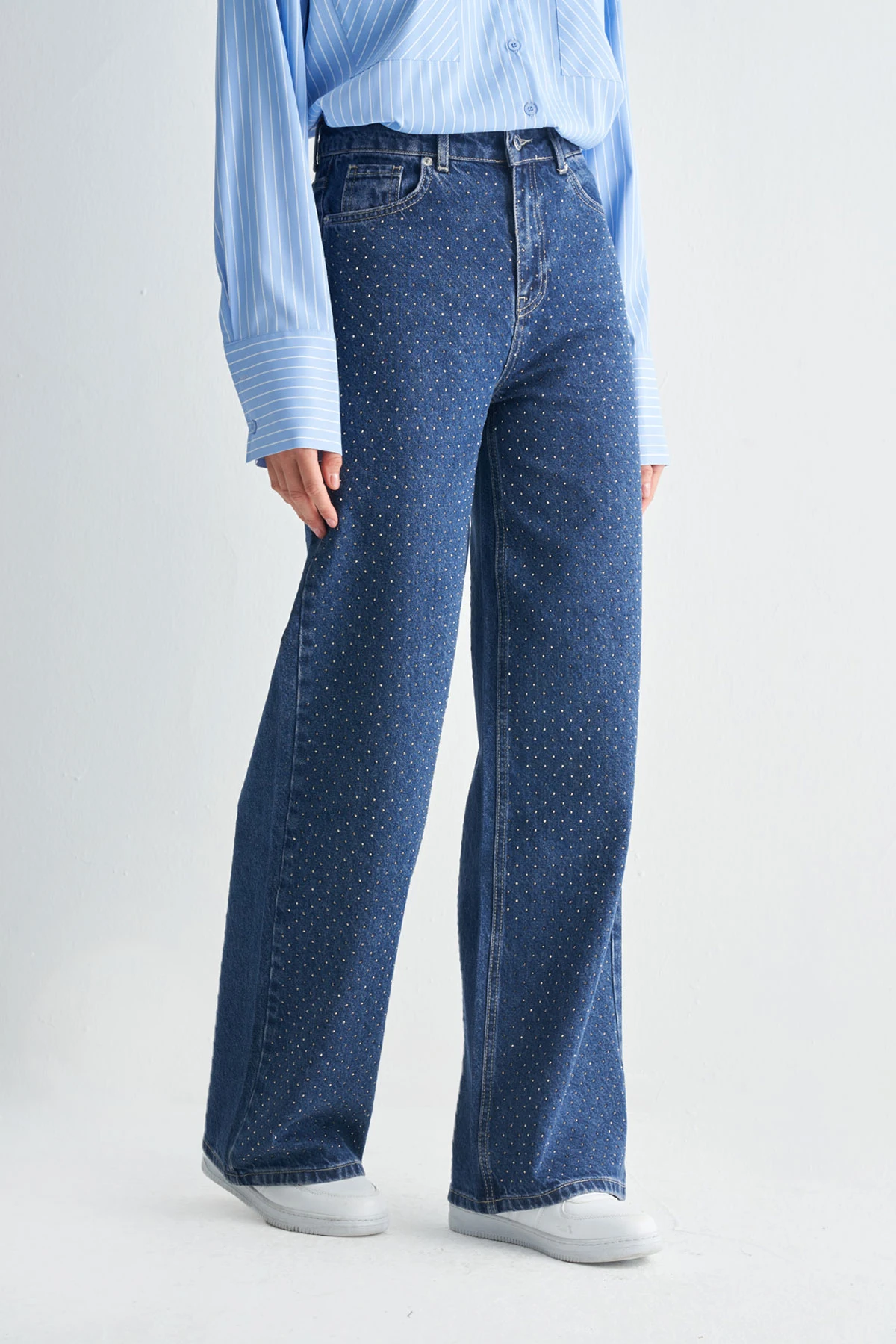 Yüksek Bel Taş Detaylı Wide Leg Jeans Pantolon - mavi