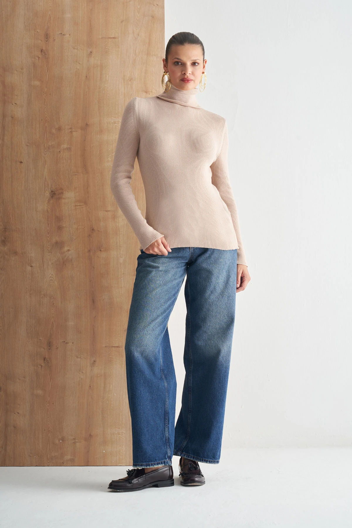 Tam Balıkçı Yaka Fitilli Triko Kazak - BEJ