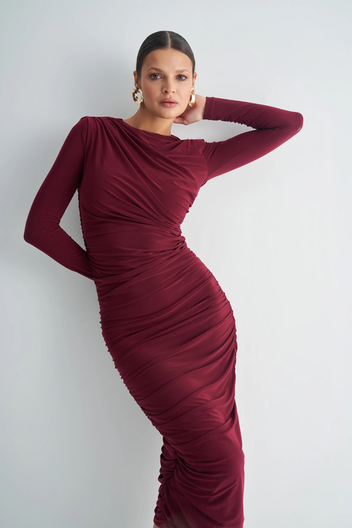 Drapeli Uzun Kollu Midi Kadın Elbise