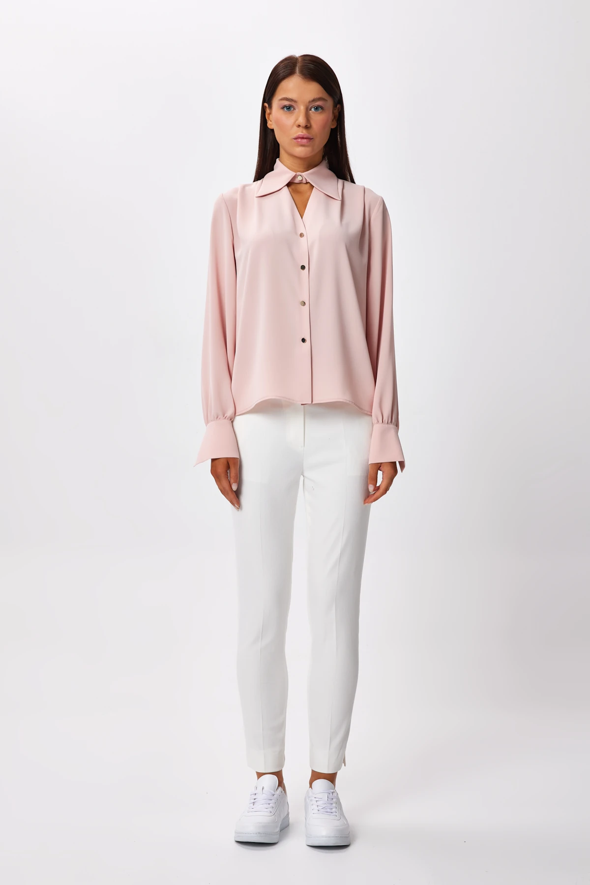Yaka Detaylı Düğmeli Gömlek - pudra