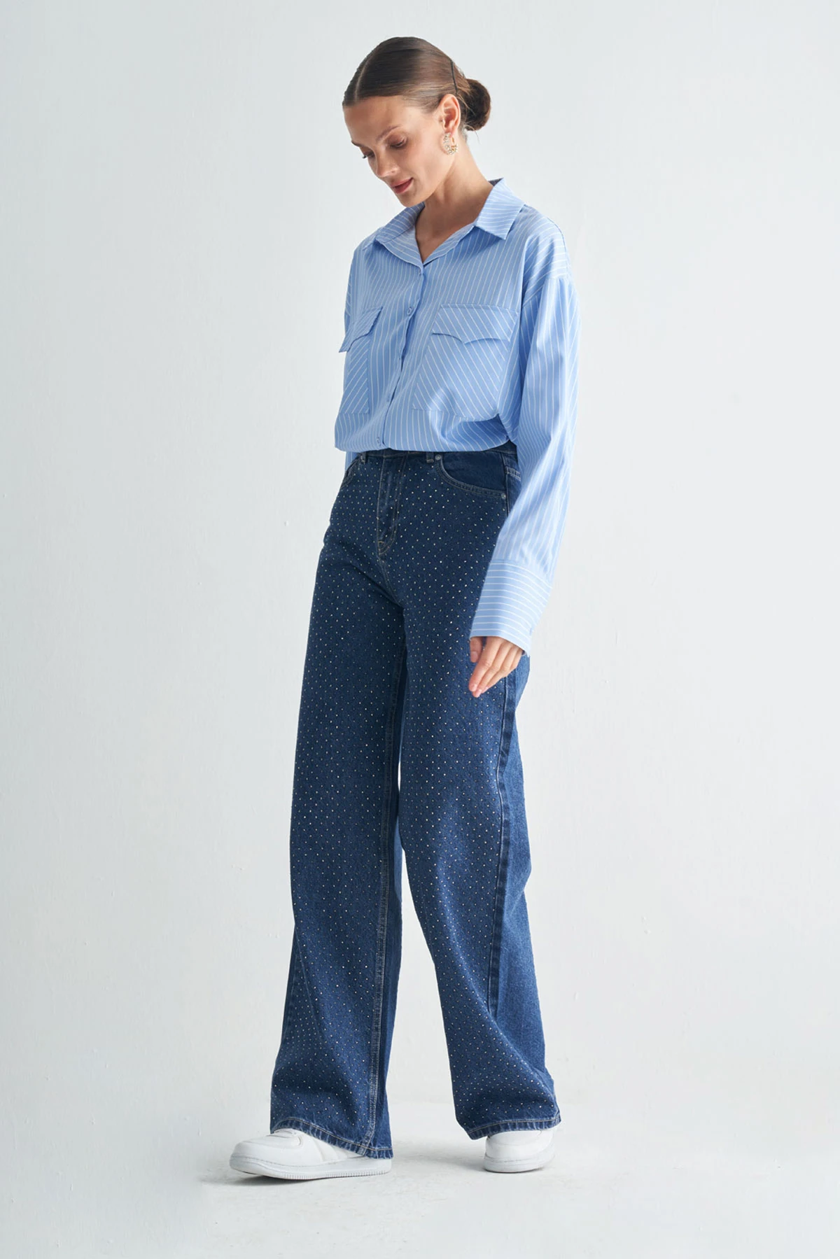 Yüksek Bel Taş Detaylı Wide Leg Jeans Pantolon - mavi