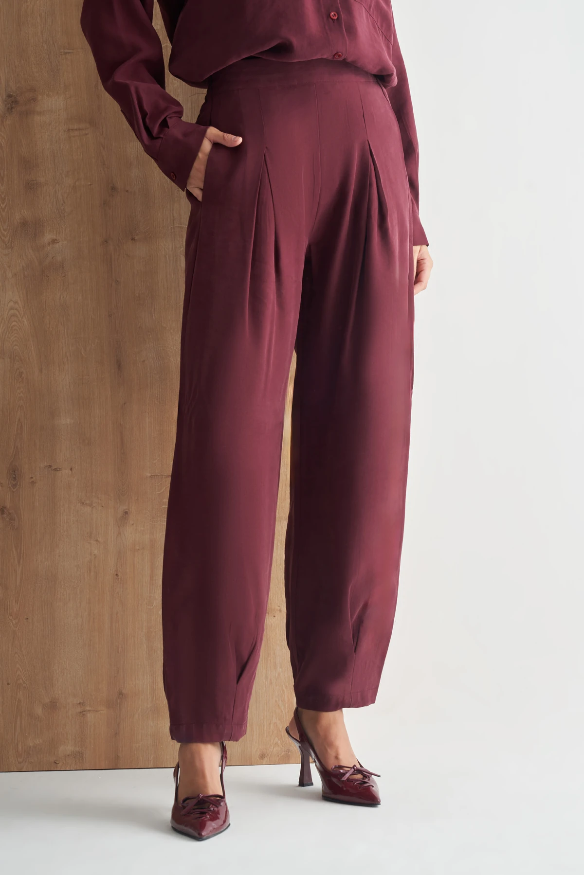 Pile Detaylı Yüksek Bel Rahat Kesim Kadın Pantolon - bordo