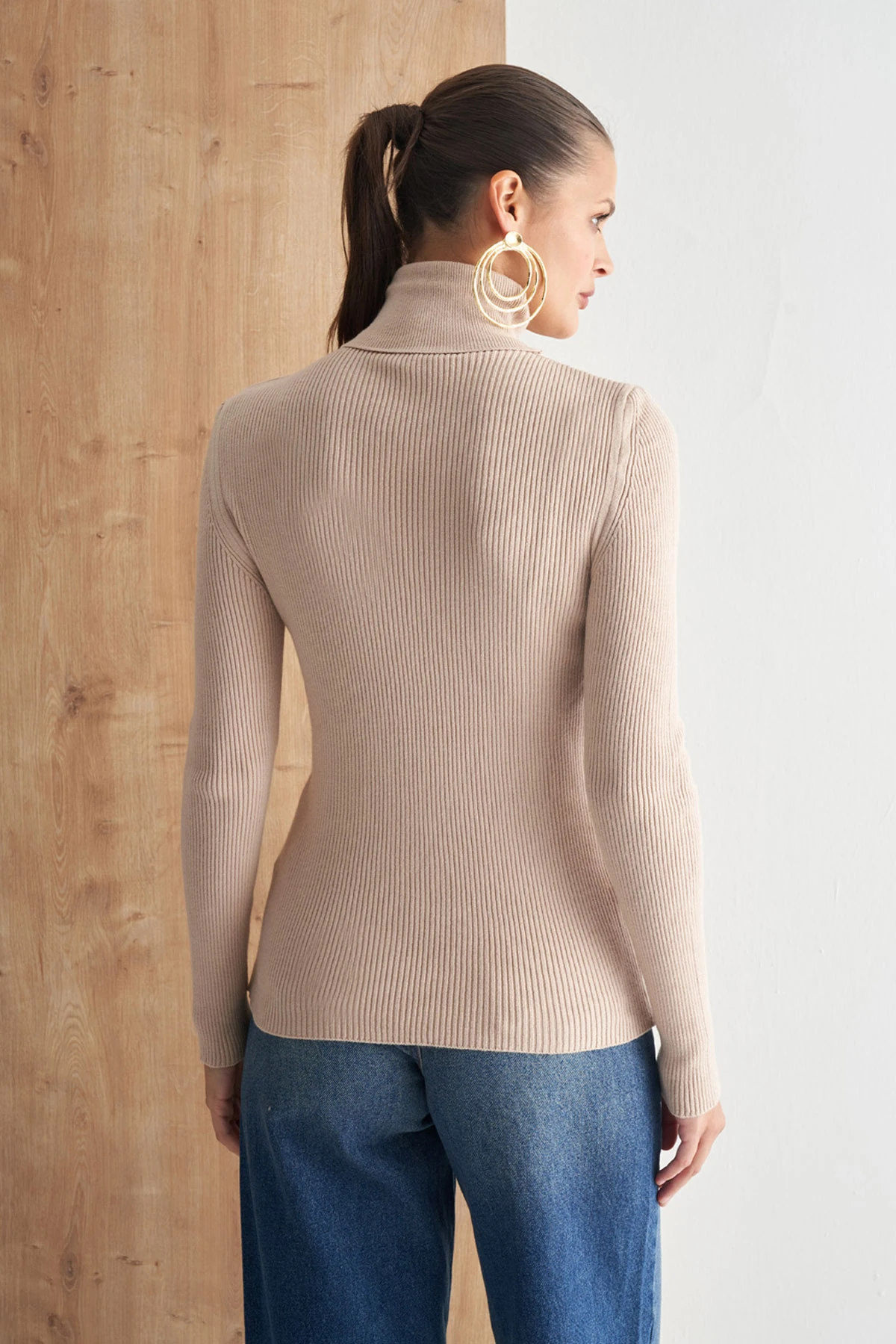 Tam Balıkçı Yaka Fitilli Triko Kazak - BEJ