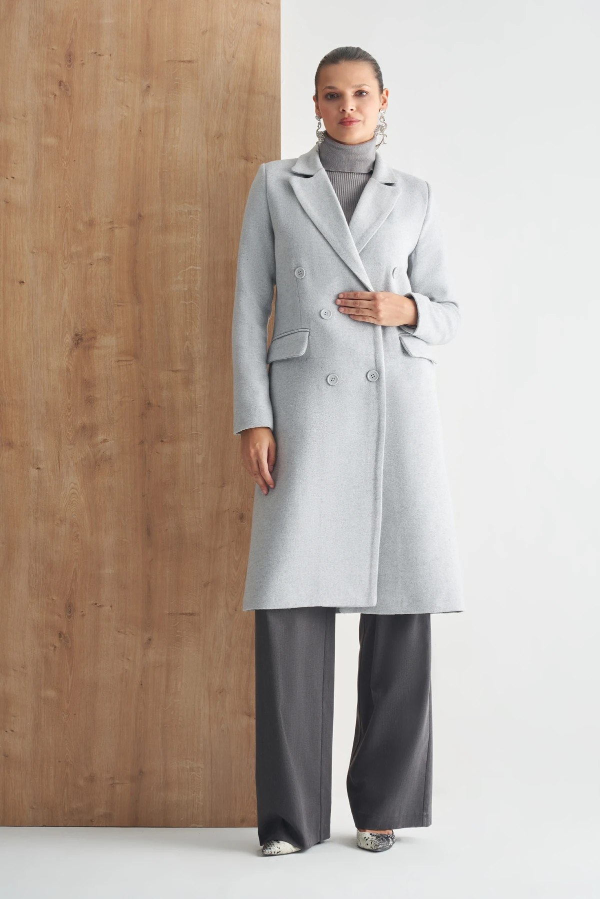 Çift Düğmeli Uzun Klasik Kaban - gri