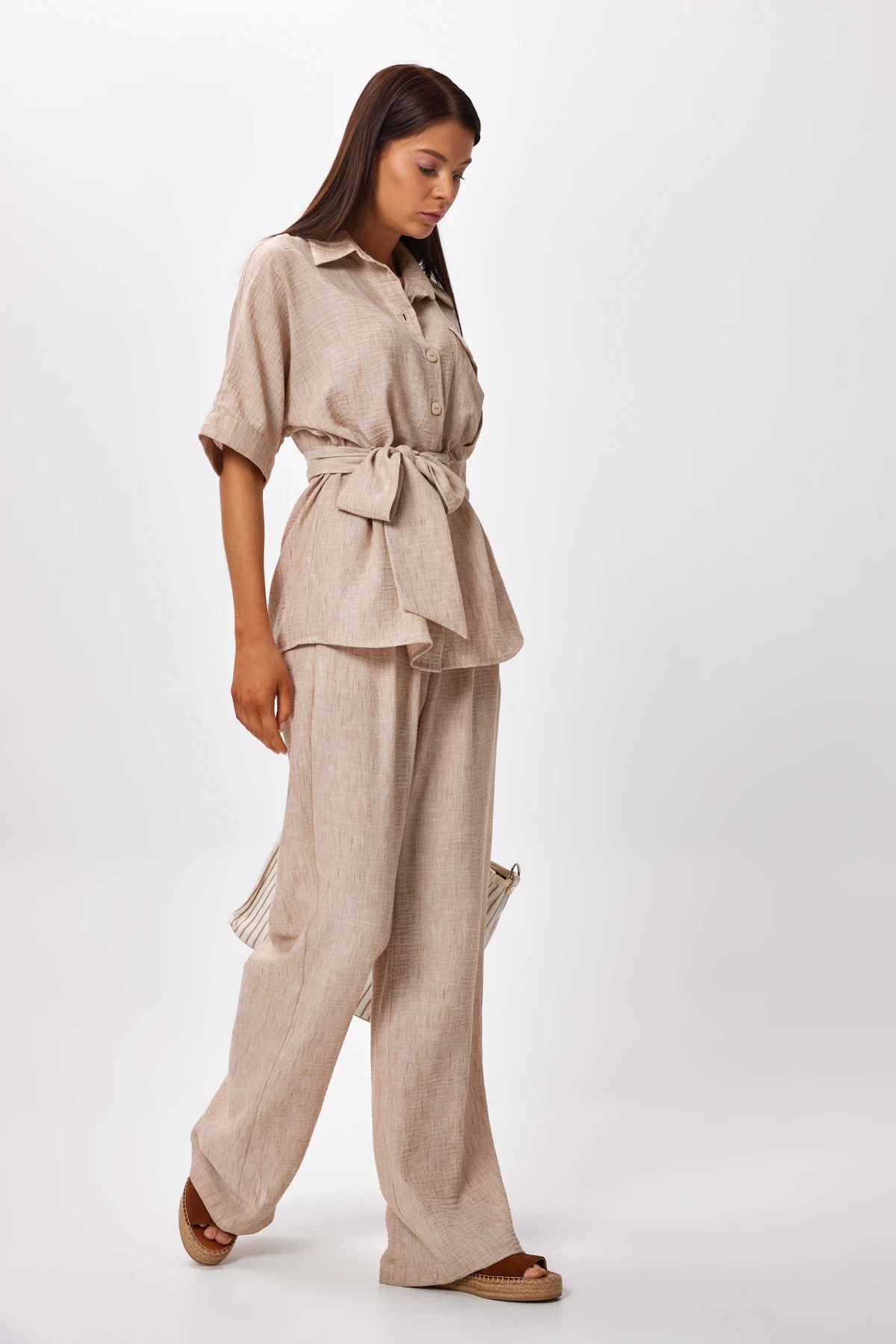 Geniş Paça Yüksek Bel Pantolon - BEJ