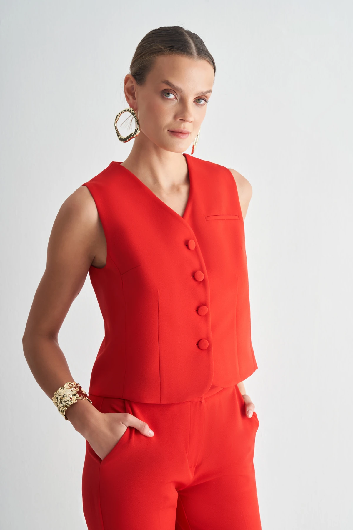 Düğmeli Klasik Yelek – Şık Takım Yeleği - Kırmızı