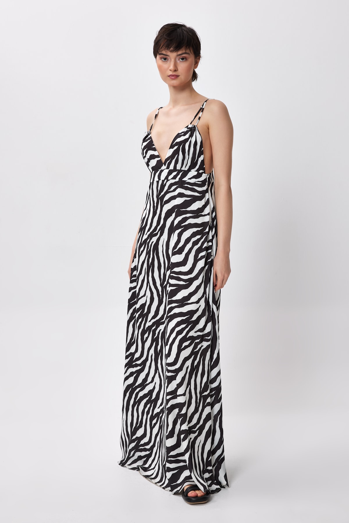 Zebra Desenli Askılı Uzun Elbise - Siyah