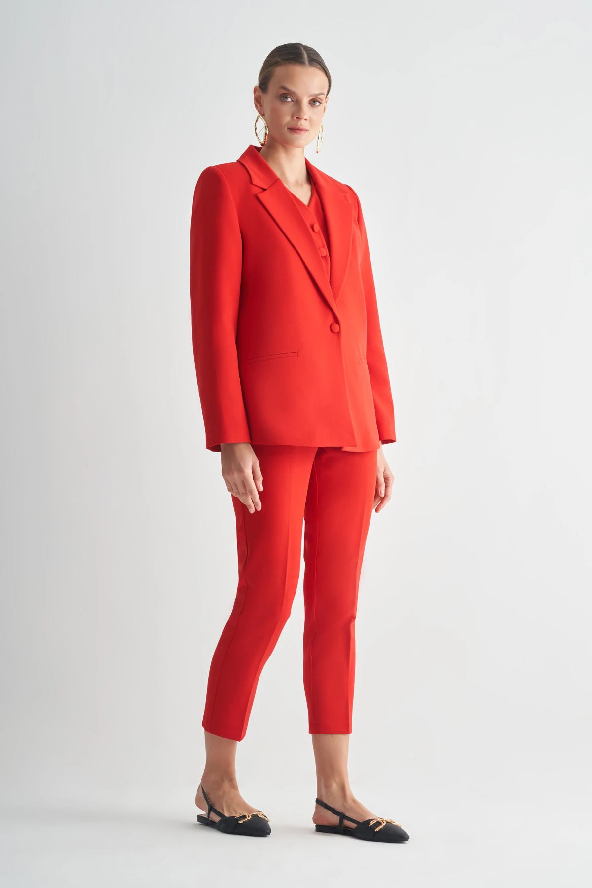 Oversize Blazer Ceket ve Yelekli Takım - Kırmızı