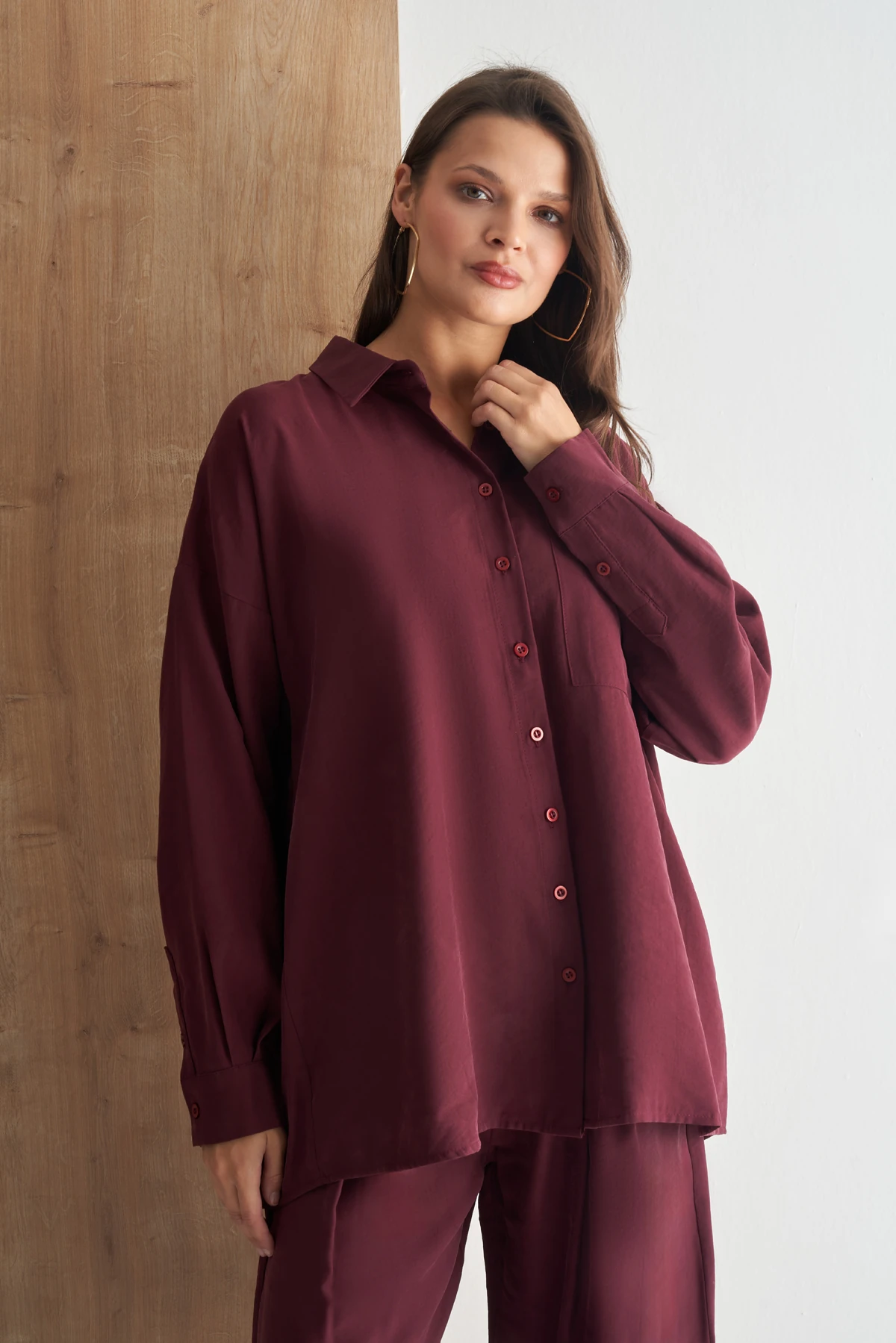 Oversize Kesim Modal Yumuşak Dokulu Kadın Gömlek - bordo