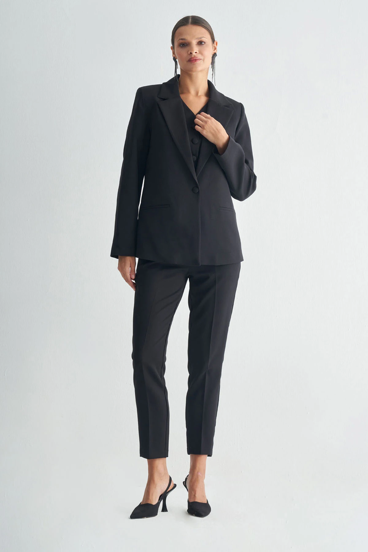 Oversize Blazer Ceket ve Yelekli Takım - Siyah