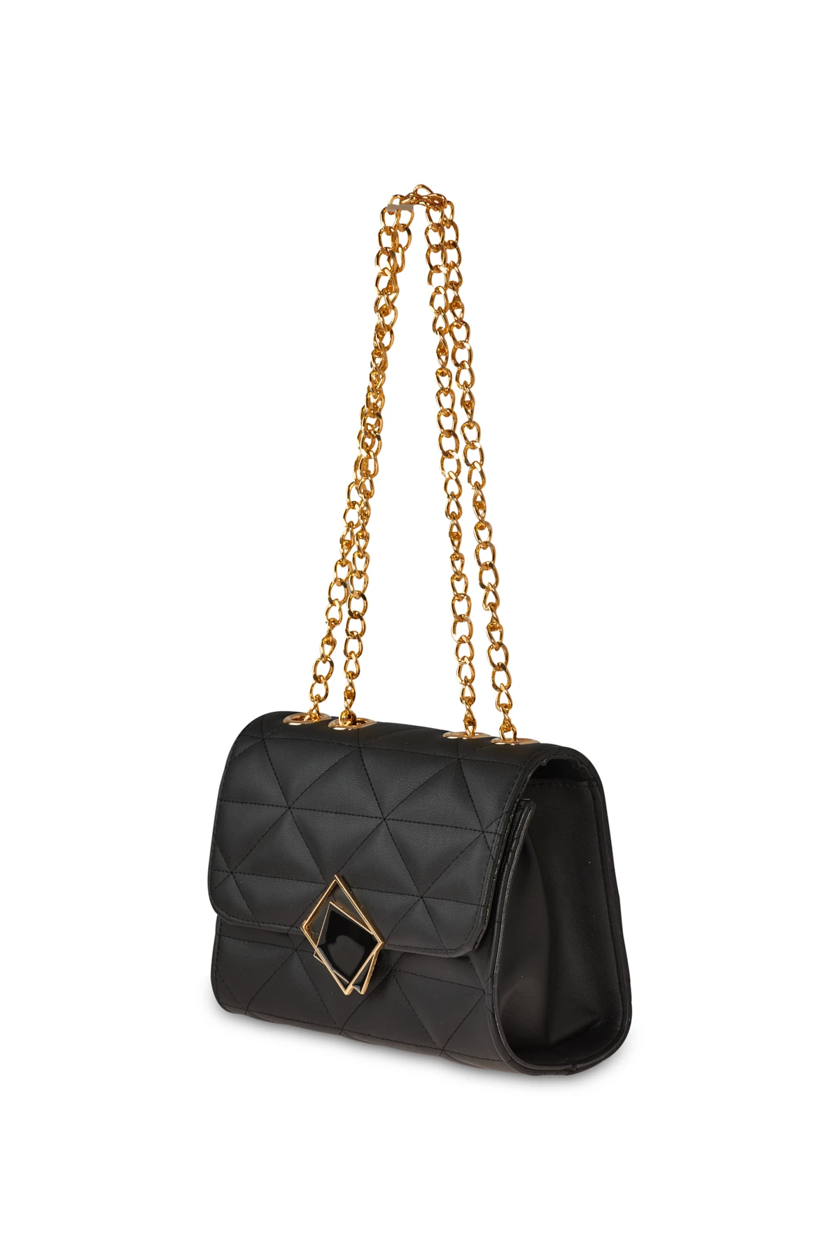 Zincir Askılı Deri Görünümlü Çanta - Siyah