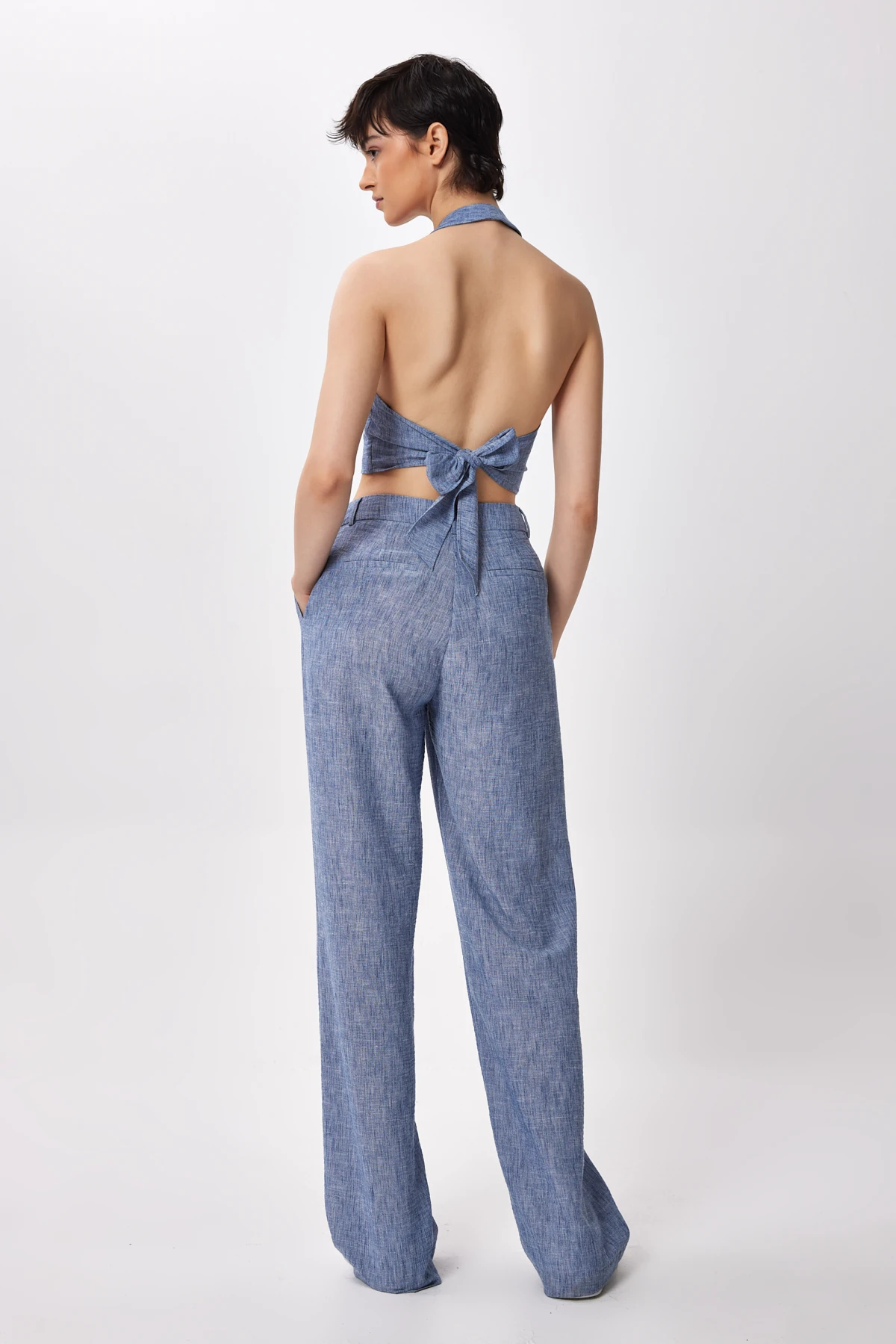 Düğme Detaylı Halter Yaka Crop Bluz - mavi