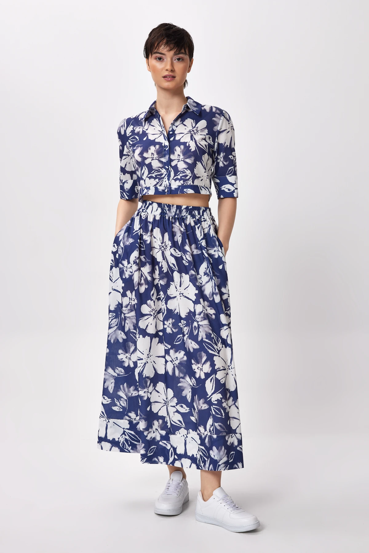 Çiçek Desenli Crop Gömlek - Lacivert