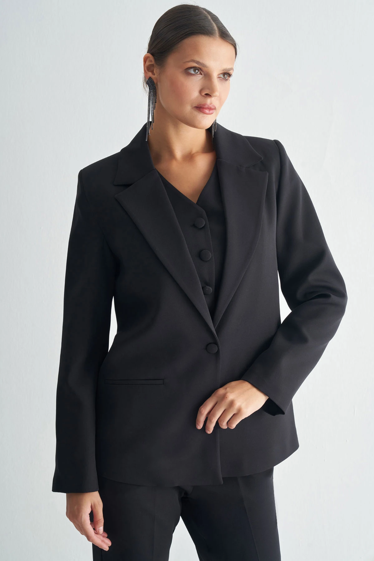 Oversize Blazer Ceket ve Yelekli Takım - Siyah